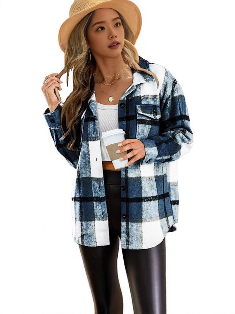 Women's Plaid Flannel Shirt Jacket, Loose Long Sleeve Button Down Casual Shacket With Chest Pocket-TACTILEFABLE