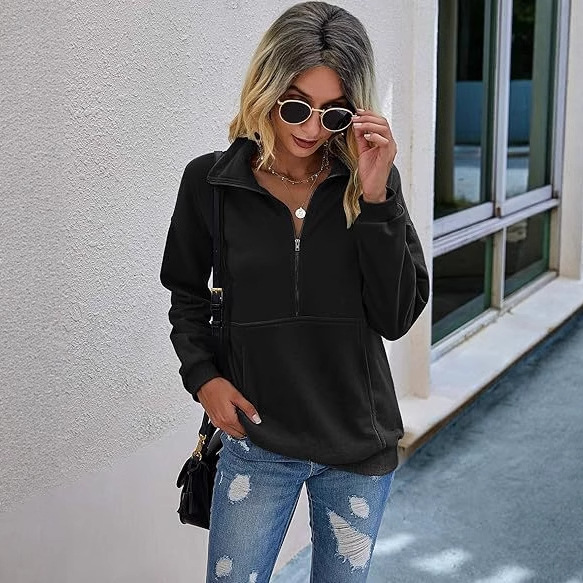 Women's Casual Long Sleeve Lapel Zipper Sweatshirt Drawstring Loose Pullover Tops Fall Sweater-TACTILEFABLE