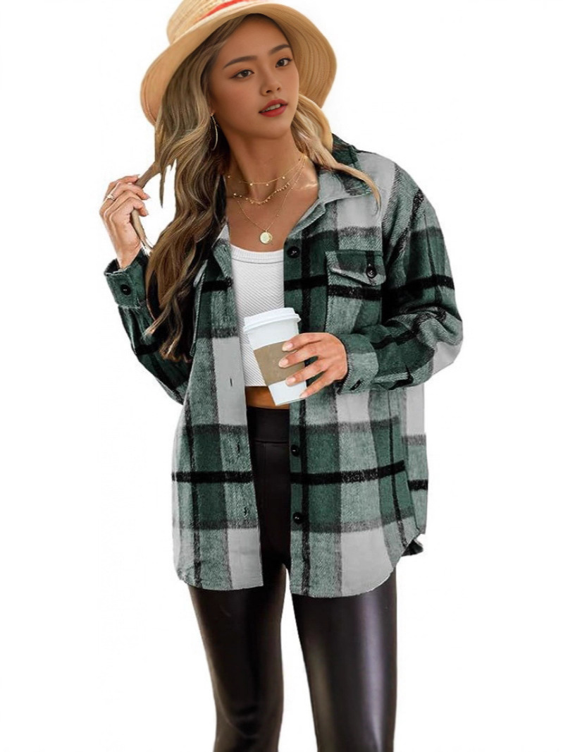 Women's Plaid Flannel Shirt Jacket, Loose Long Sleeve Button Down Casual Shacket With Chest Pocket-TACTILEFABLE