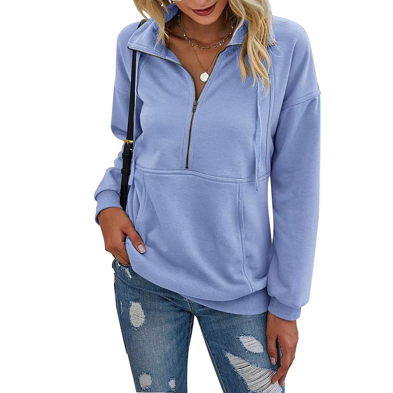 Women's Casual Long Sleeve Lapel Zipper Sweatshirt Drawstring Loose Pullover Tops Fall Sweater-TACTILEFABLE