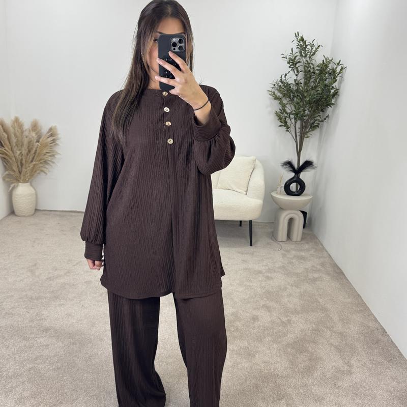 Crinkle Plissé Button-Up Top & Wide-Leg Trouser Set