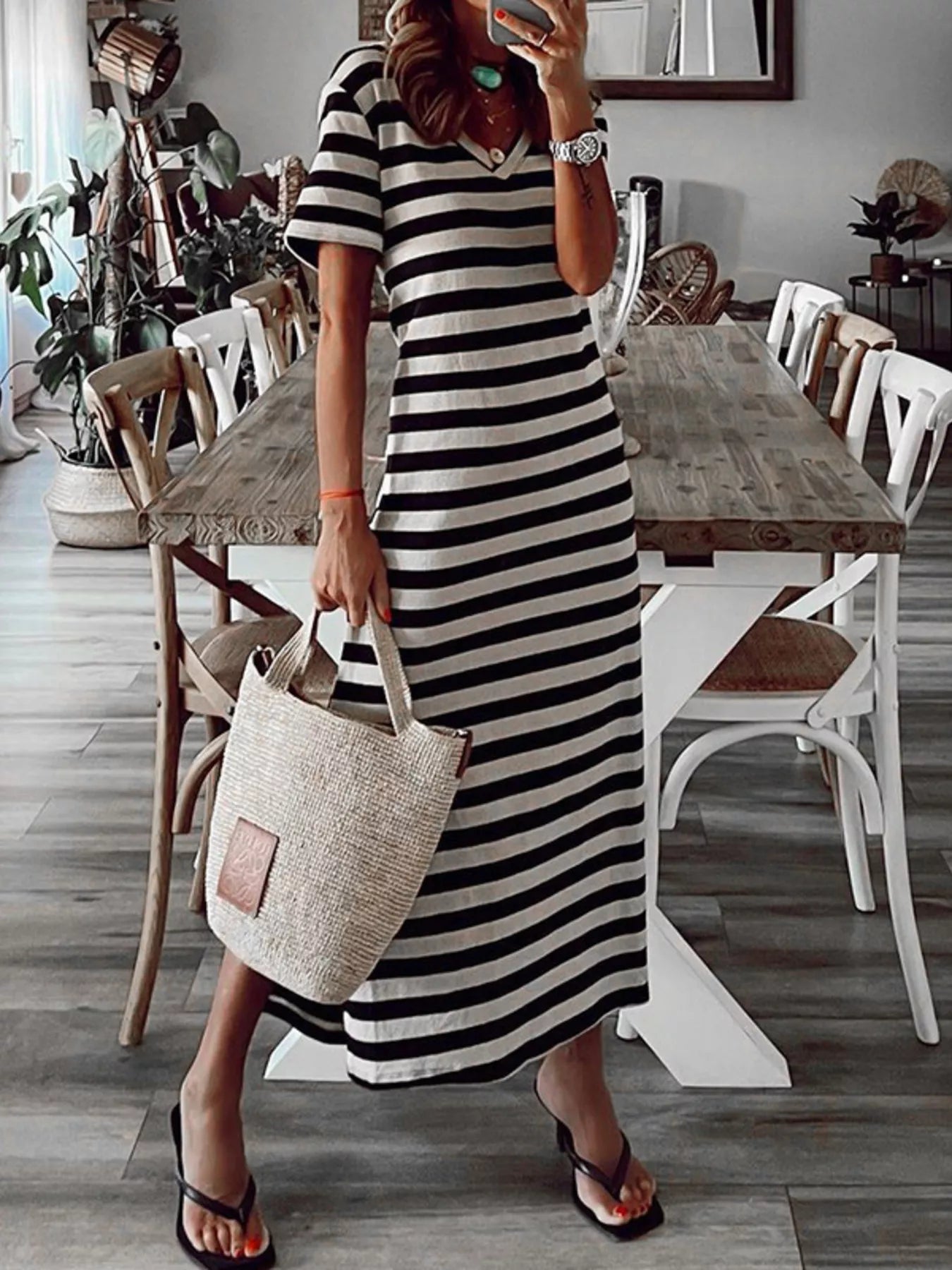 Vivian Striped V-Neck Midi T-shirt Dress with Side Slit | 4 Colors-Tactilefable