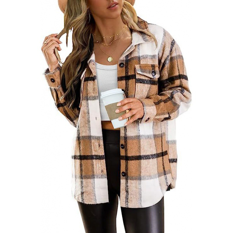 Women's Plaid Flannel Shirt Jacket, Loose Long Sleeve Button Down Casual Shacket With Chest Pocket-TACTILEFABLE