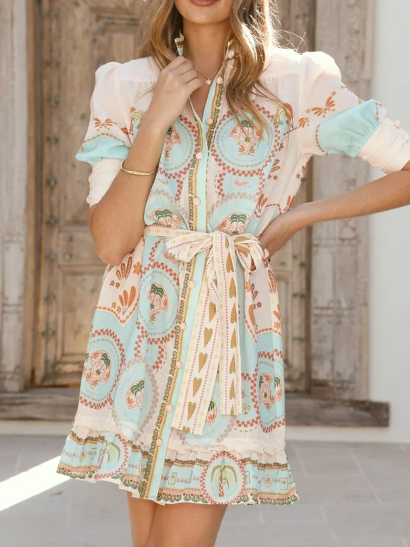Boho Print Tie-Front Mini Dress | Poundton-Tactilefable