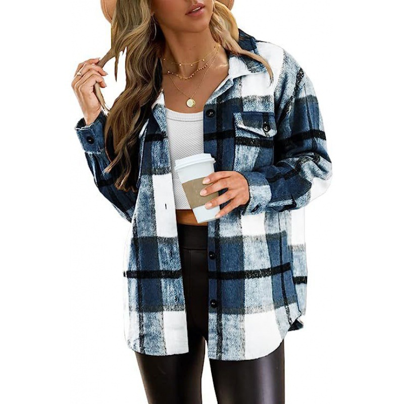 Women's Plaid Flannel Shirt Jacket, Loose Long Sleeve Button Down Casual Shacket With Chest Pocket-TACTILEFABLE
