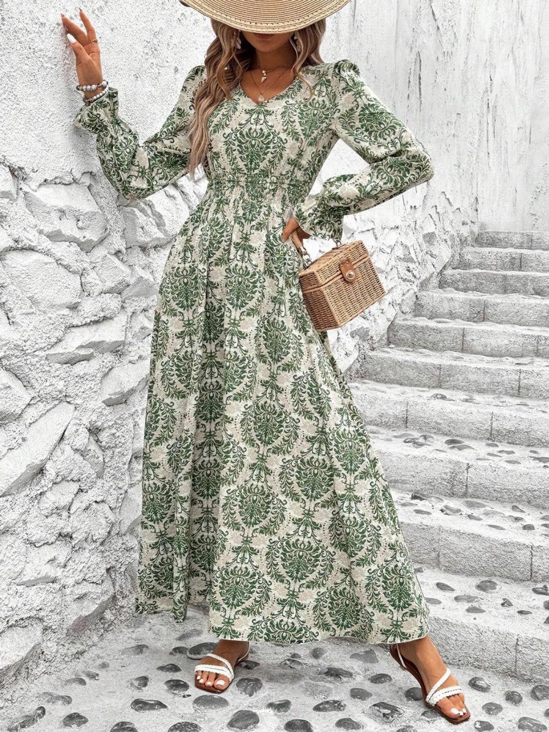 Gianna Smocked Printed V-Neck Flounce Sleeve Dress | 4 Colors-Tactilefable
