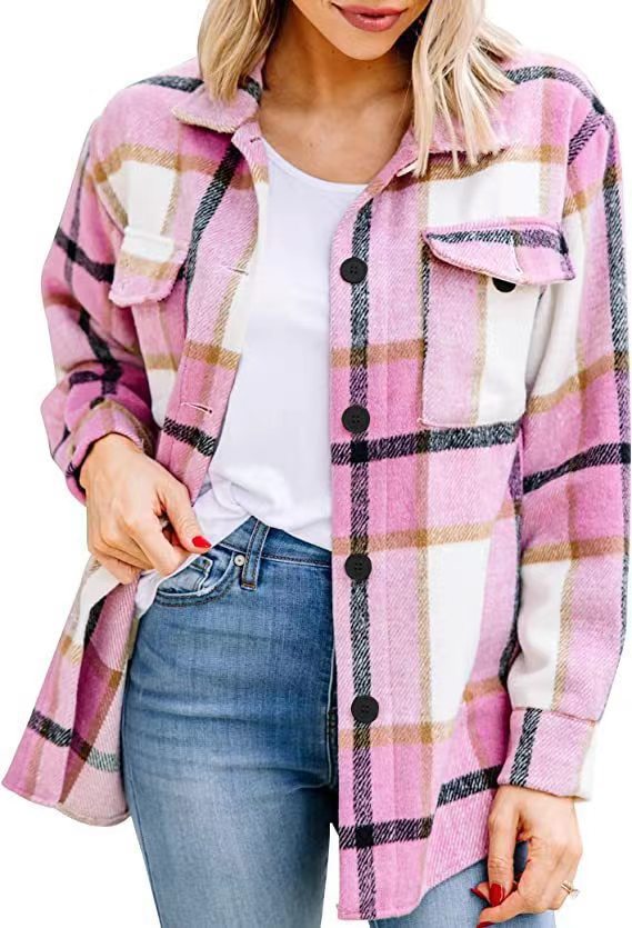 Women's Plaid Flannel Shirt Jacket, Loose Long Sleeve Button Down Casual Shacket With Chest Pocket-TACTILEFABLE