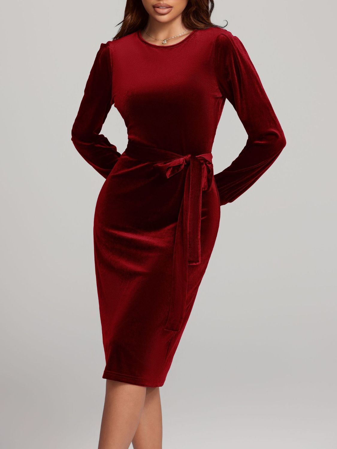 Round Neck Tie Waist Long Sleeve Velvet Dress | 4 Colors | Poundton-Tactilefable