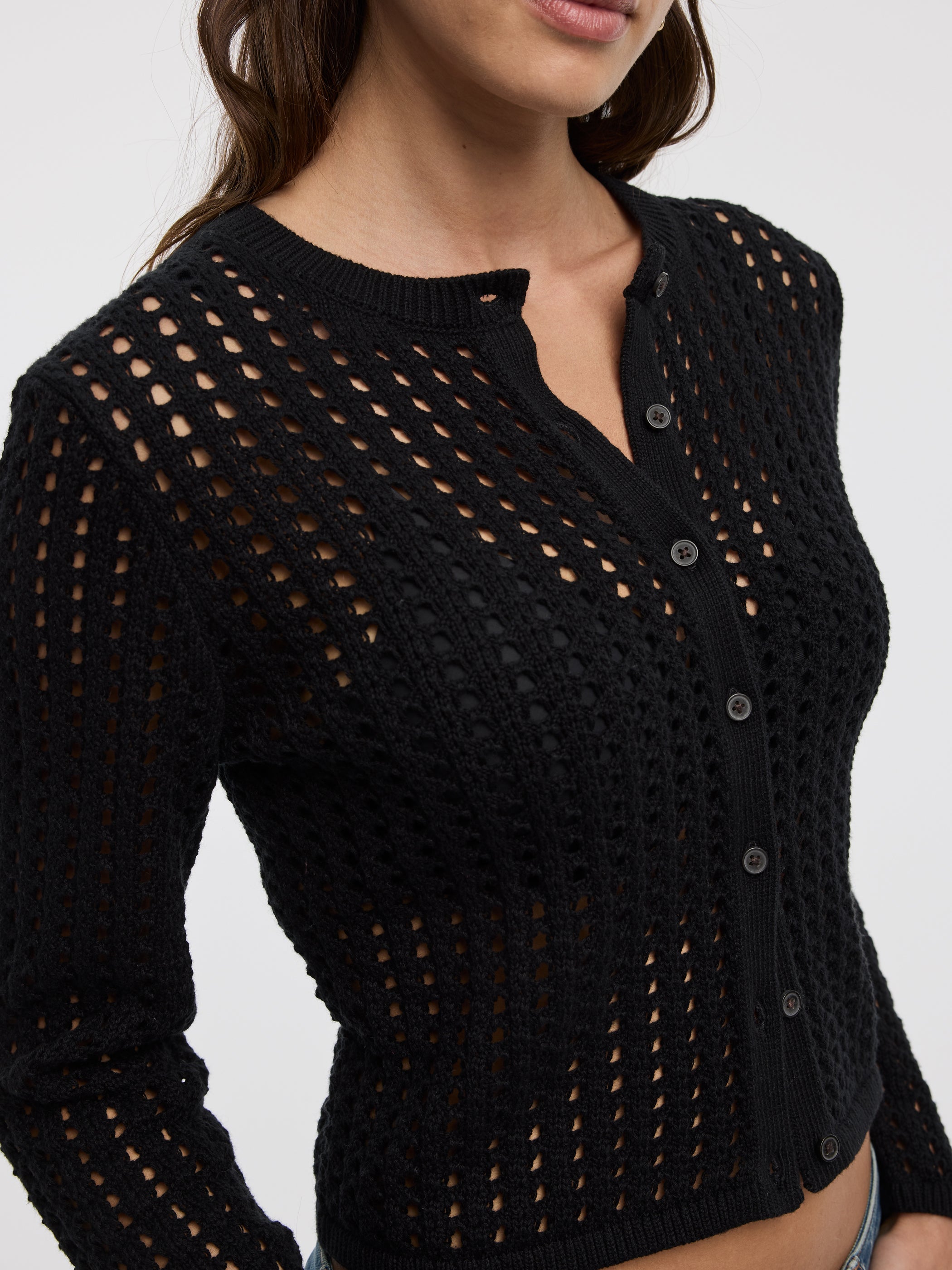 Long-Sleeve Crew-Neck Cardigan with Open Stitches-Tactilefable