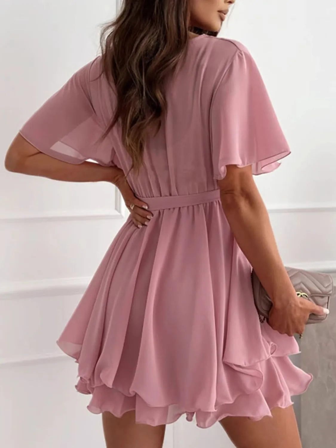 Sweet Talk Flutter Surplice Flutter Sleeve Mini Dress | 3 colors | Poundton-Tactilefable