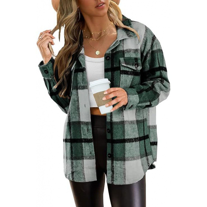 Women's Plaid Flannel Shirt Jacket, Loose Long Sleeve Button Down Casual Shacket With Chest Pocket-TACTILEFABLE