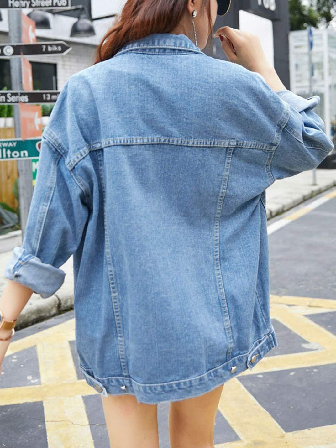 Women’s Oversized Mid-Long Denim Jacket  Fit Jean Jacket with Pockets Casual Loose Denim Coat-TACTILEFABLE