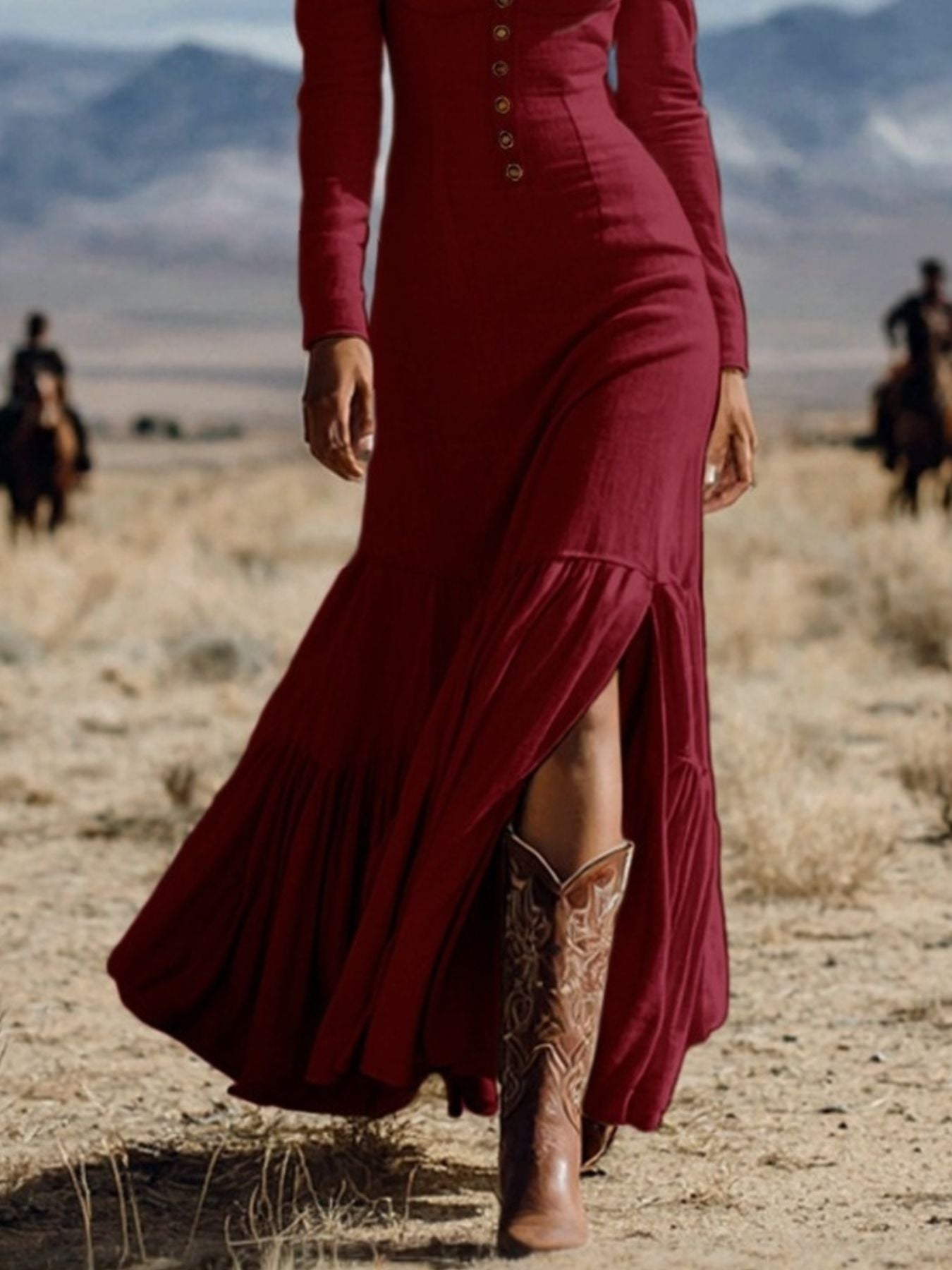 Tiered Slit Long-Sleeve Maxi Dress | 3 Colors-Tactilefable