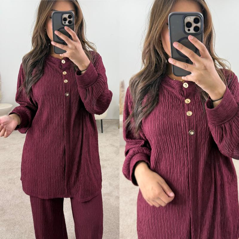 Crinkle Plissé Button-Up Top & Wide-Leg Trouser Set