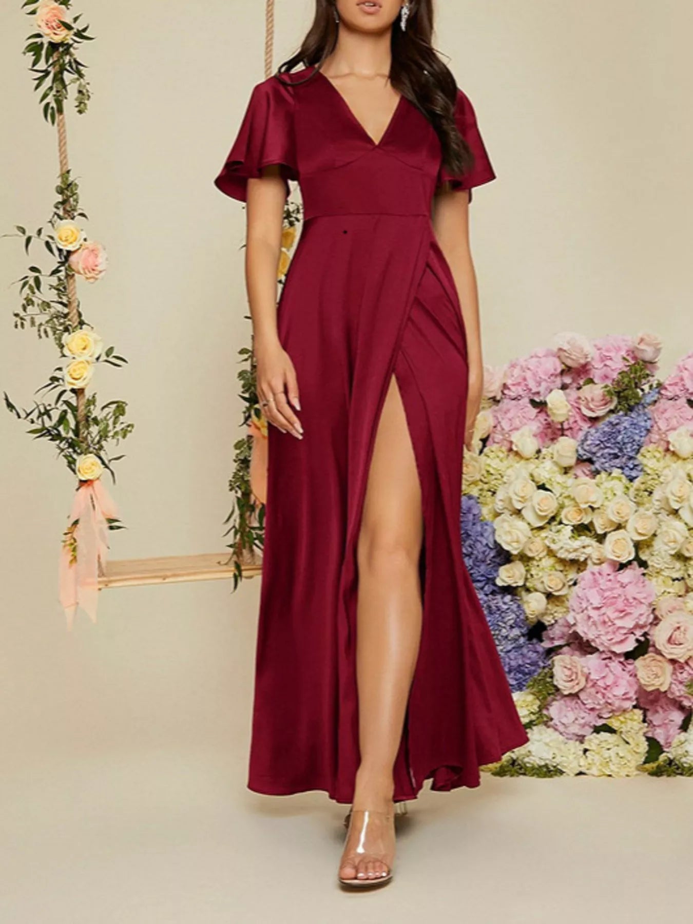 Serena Flutter Sleeve Satin Maxi Dress | 5 Colors | Poundton-Tactilefable