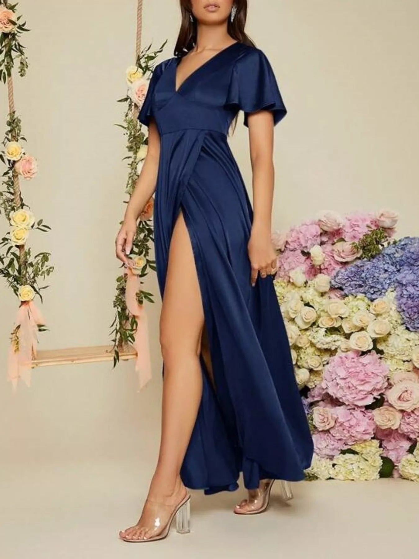 Serena Flutter Sleeve Satin Maxi Dress | 5 Colors | Poundton-Tactilefable