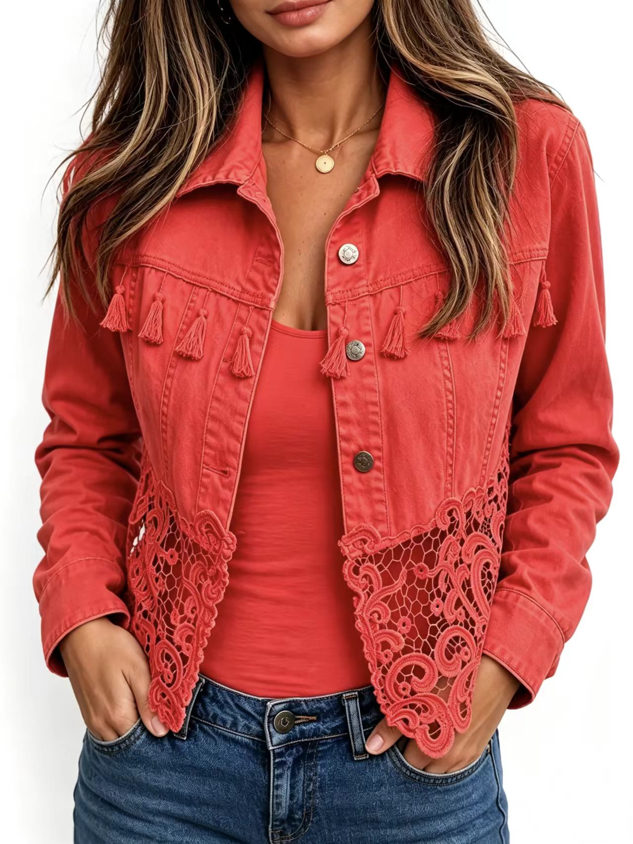 Women’s Chic Splice Lace Denim Jacket - Tassel Trim, Button-Up Long Sleeve.-Tactilefable