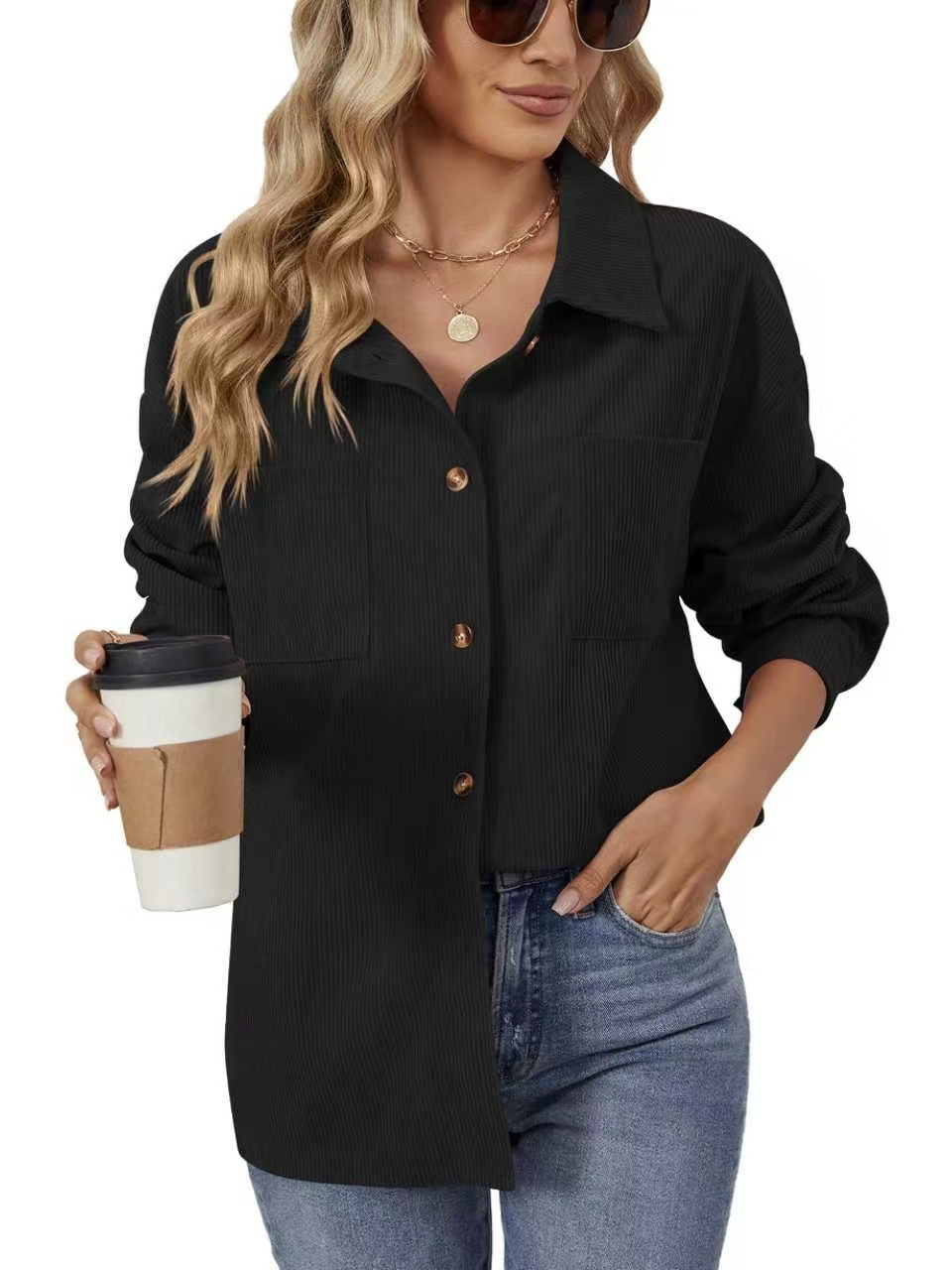Women Loose Mid-Length Corduroy Shirt, Lapel Button Down Casual Fall Tunic Top-Tactilefable