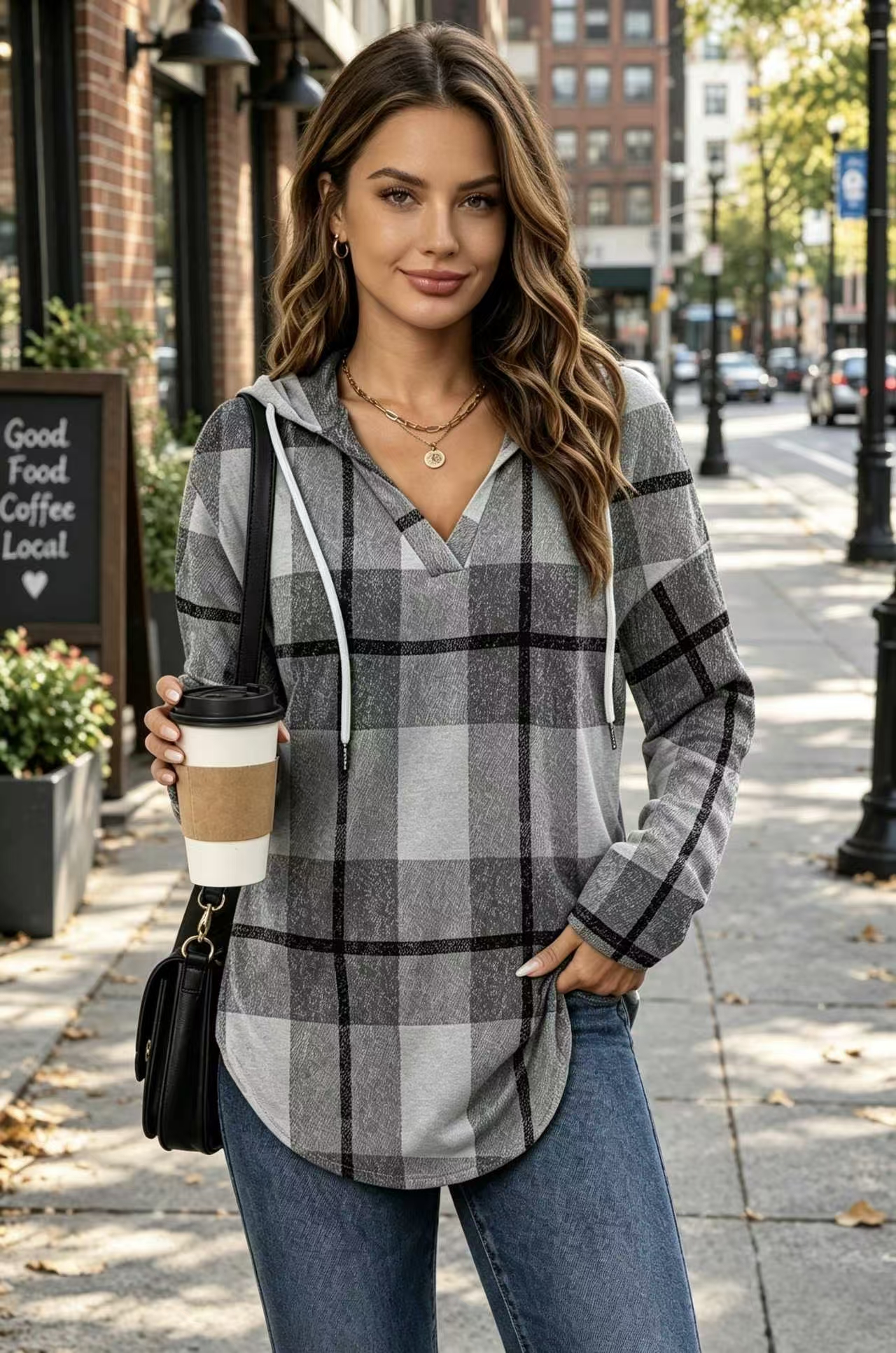 Women Plaid Hooded Long Sleeve Tunic Top, V Neck Drawstring Loose Casual Blouse-Tactilefable