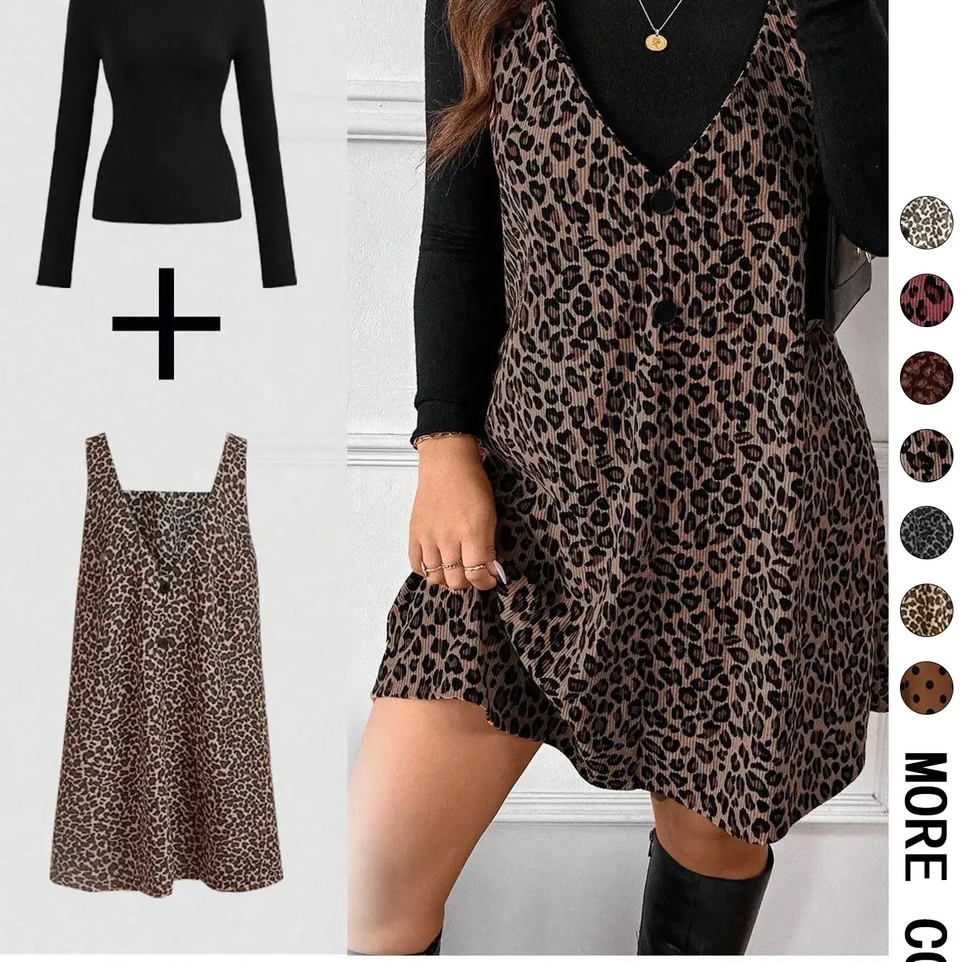 Women's High Neck Long Sleeve Inner Layer & Leopard Print Strap Skirt Matching Set