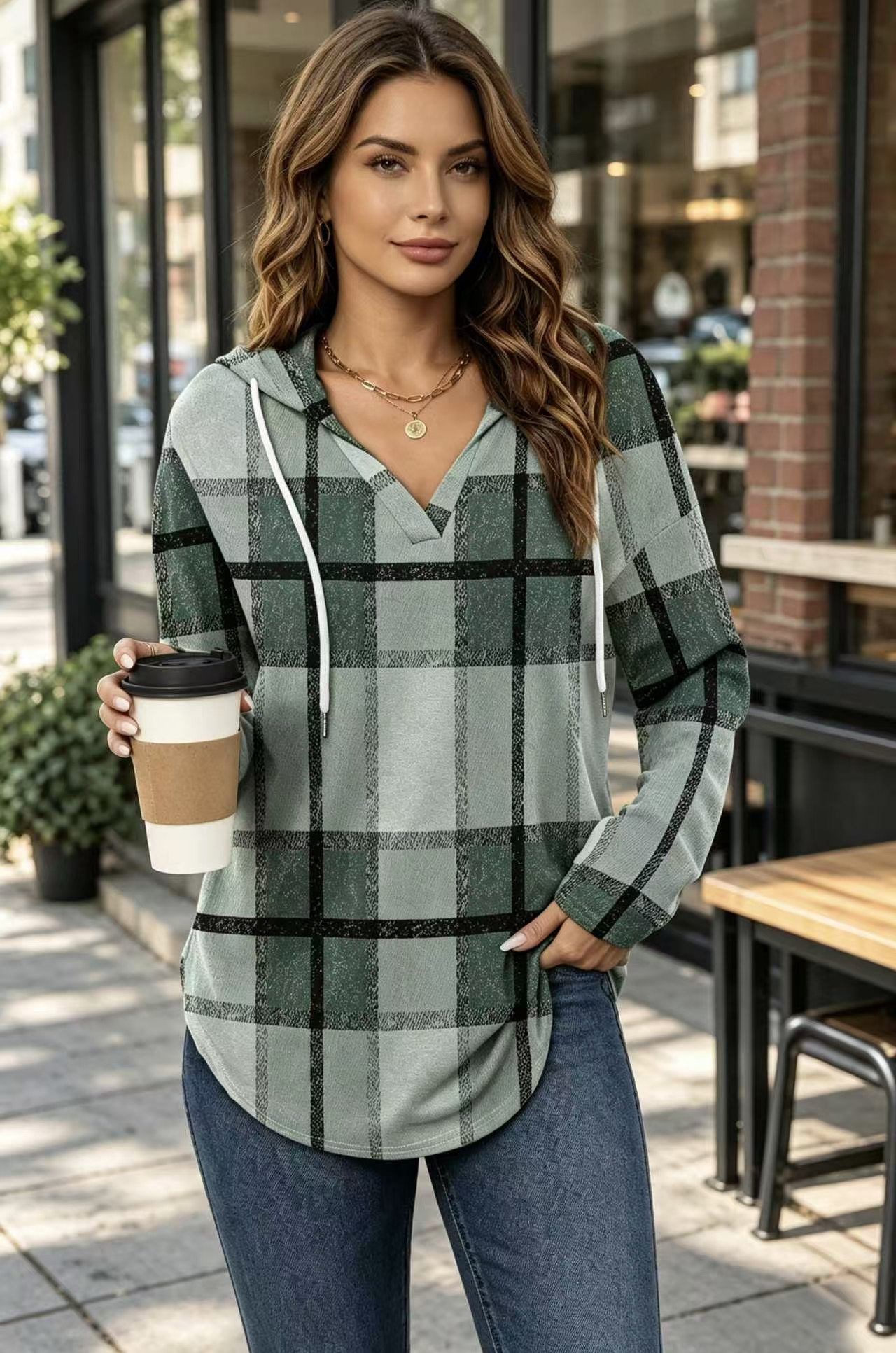 Women Plaid Hooded Long Sleeve Tunic Top, V Neck Drawstring Loose Casual Blouse-Tactilefable