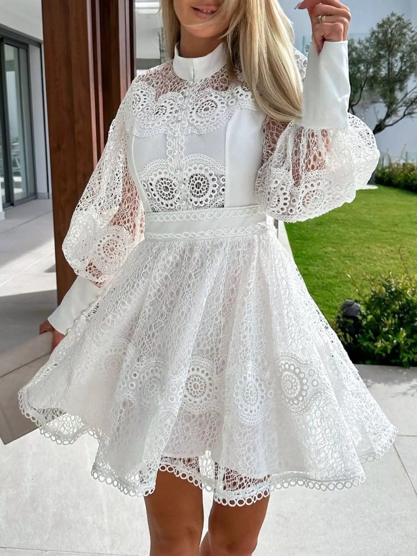 Althea Vintage Lace Lantern Sleeve Mini Dress | 2 Colors | Poundton-Tactilefable