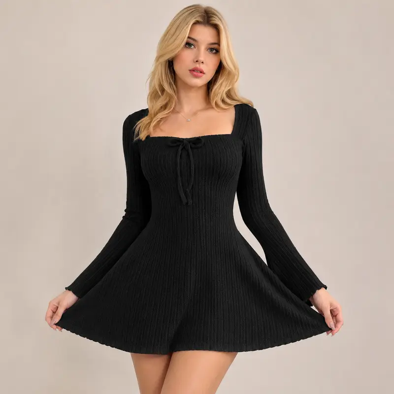 Y2K Style Women's Long Sleeve Fitted Mini Dress Solid with Square Neck and Flare Sleeves, Casual for Spring & Fall