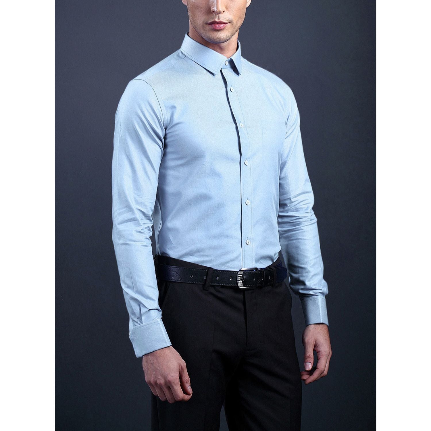 Light Blue Cotton Blend Classic Fit Men's Dress Shirt for Business-Tactilefable