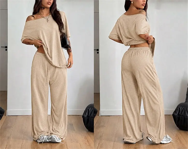 2 Pcs/Set Women's Minimalist Basic Daily Wear, Going Out, Sport Comfortable Off Shoulder T-Shirt and Wide Leg Pants Two Pieces Outfits, Womenswear 2 Pcs/Set Women's Minimalist Basic Daily Wear, Going Out, Sport Comfortable Off Shoulder T-Shirt and Wide Leg Pants Two Pieces Outfits, Womenswear