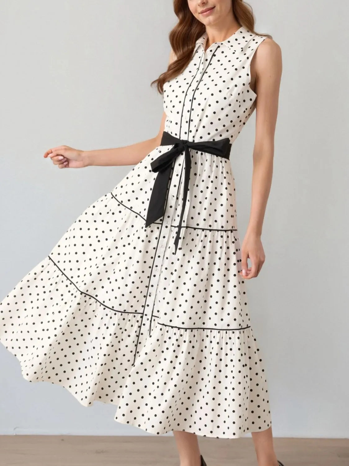 Polka Dot Bowed Sleeveless Midi Shirt Dress | Color White | Poundton-Tactilefable