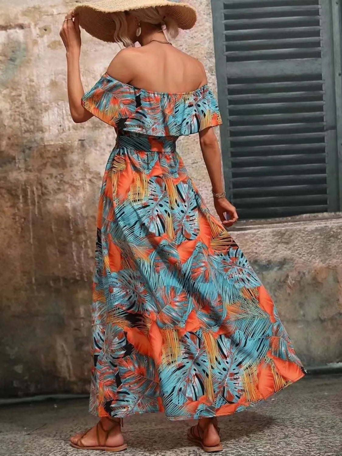 Moonlit Ruffled Printed Off Shoulder Maxi Dress | 4 colors | Poundton-Tactilefable
