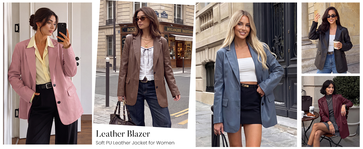 Womens Faux Leather Blazer Jacket Loose Fit Street Style