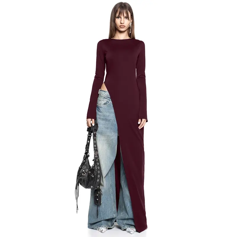 Women's Plain Asymmetrical Split Hem Slit Design Boat Neck Dress, Casual Long Sleeve Dress for Spring & Fall, Women's Clothing for Daily Wear Women's Plain Asymmetrical Split Hem Slit Design Boat Neck Dress, Casual Long Sleeve Dress for Spring & Fall, Women's Clothing for Daily Wear