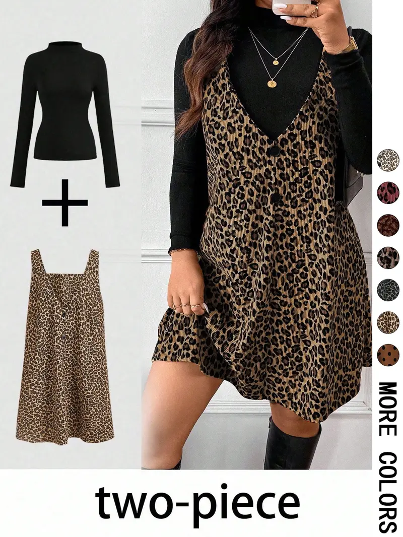 Women's High Neck Inner Layer + Leopard Print Strap Skirt Set, Casual Daily Spring Autumn Commuter, Two-Piece Ensemble, Top And Skirt Set