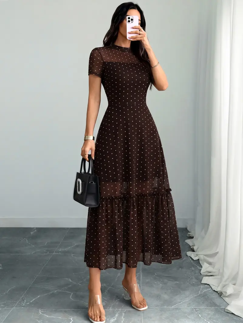 Women's Sexy Leopard Print Elegant Round Neck Mesh Skirt Dress, Stylish Casual Fashion, Perfect for Parties and Daily Wear, Date Night Dresses