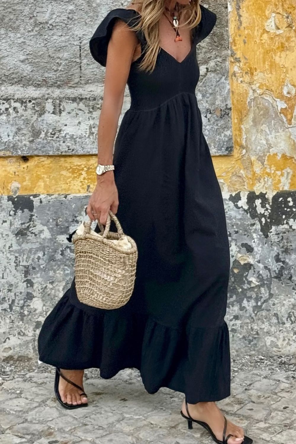 Harper V Neck Ruffled Cap Sleeve Smocked Maxi Dress | 2 Colors-Tactilefable