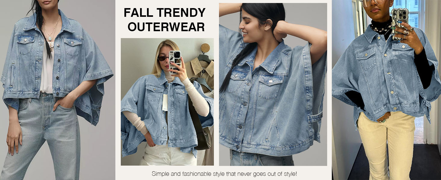 Womens Jean Jacket Oversized Cropped Short Sleeve Cotton Denim Jacket Fall Trendy Cape Outerwear