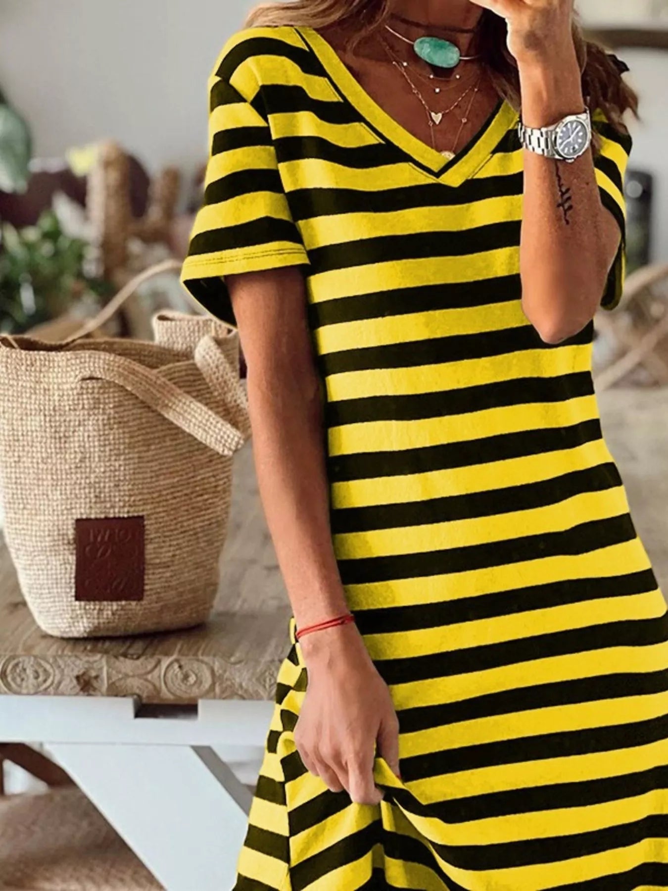 Vivian Striped V-Neck Midi T-shirt Dress with Side Slit | 4 Colors-Tactilefable