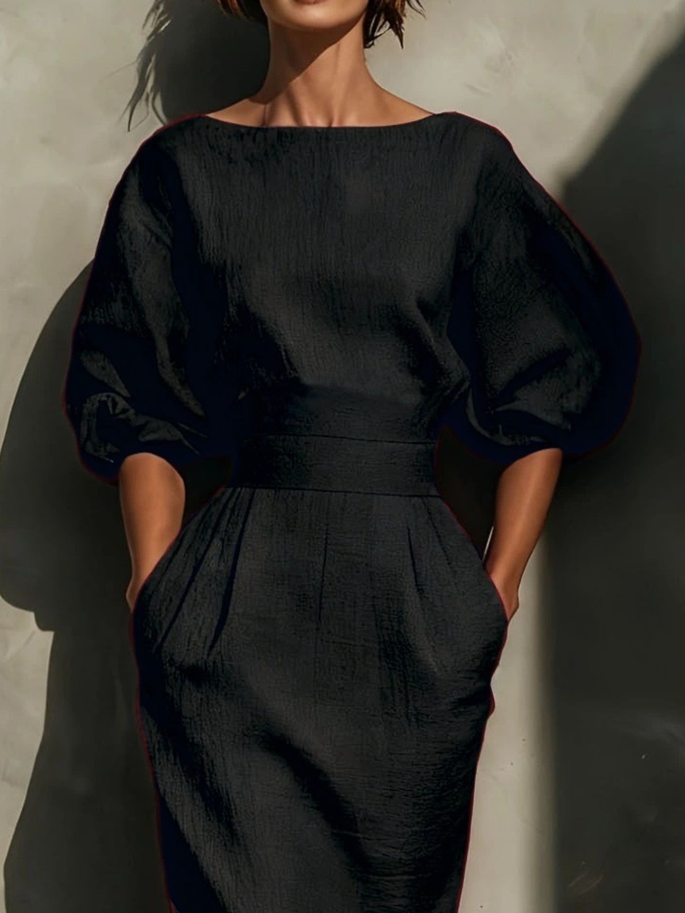 Puff-Sleeve Midi Dress with Pockets | 3 Colors-Tactilefable