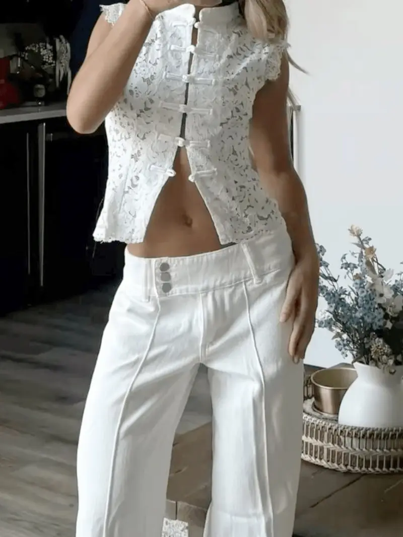 Women's Spring Summer Stand Collar Button Front Lace Vest, Floral Cut Out Hem, Lightweight Breathable Slim Fit, Casual Street Style Aesthetic Top, Fashion Vest Women's Spring Summer Stand Collar Button Front Lace Vest, Floral Cut Out Hem, Lightweight Breathable Slim Fit, Casual Street Style Aesthetic Top, Fashion Vest