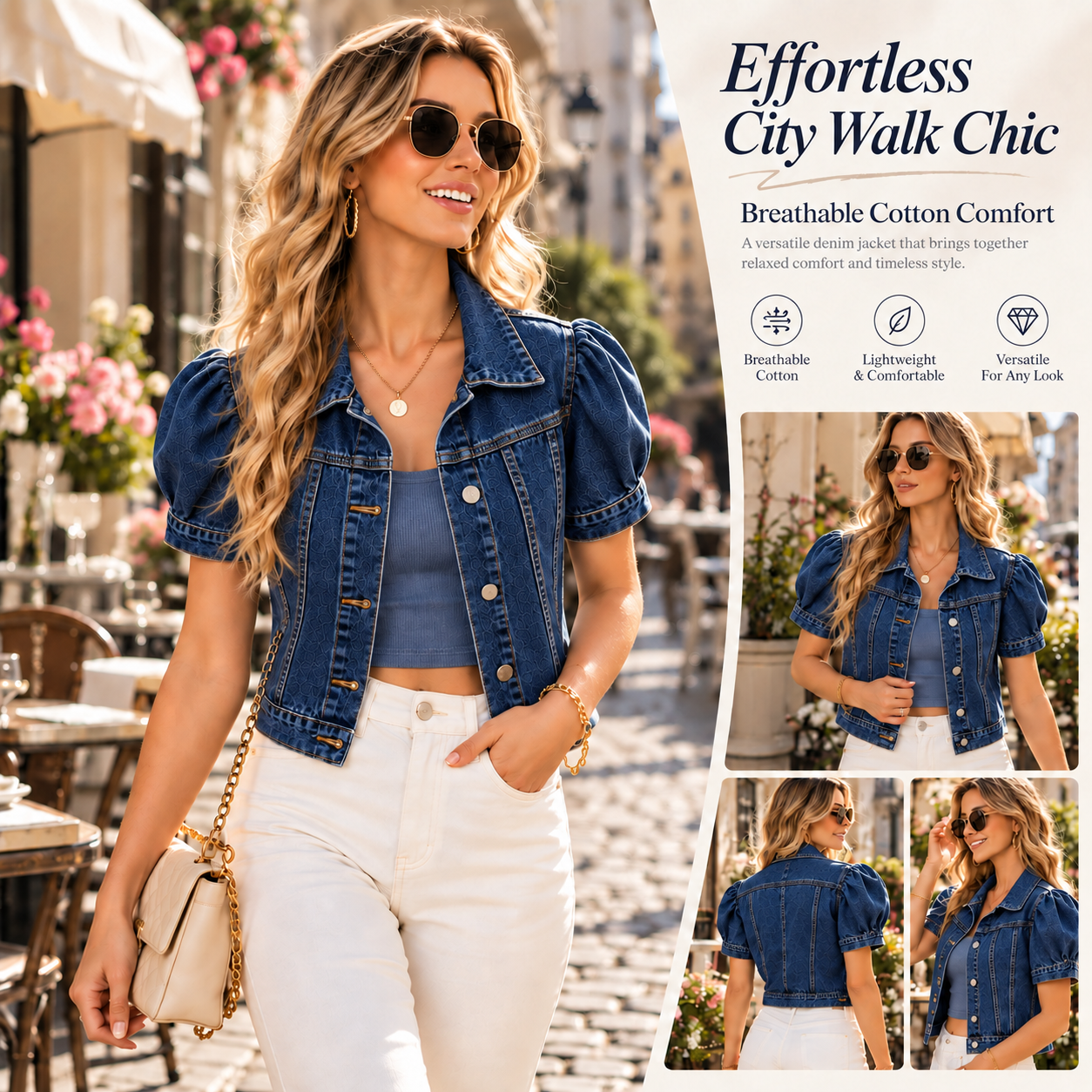 Puff Sleeve Cropped Denim Jacket-Tactilefable