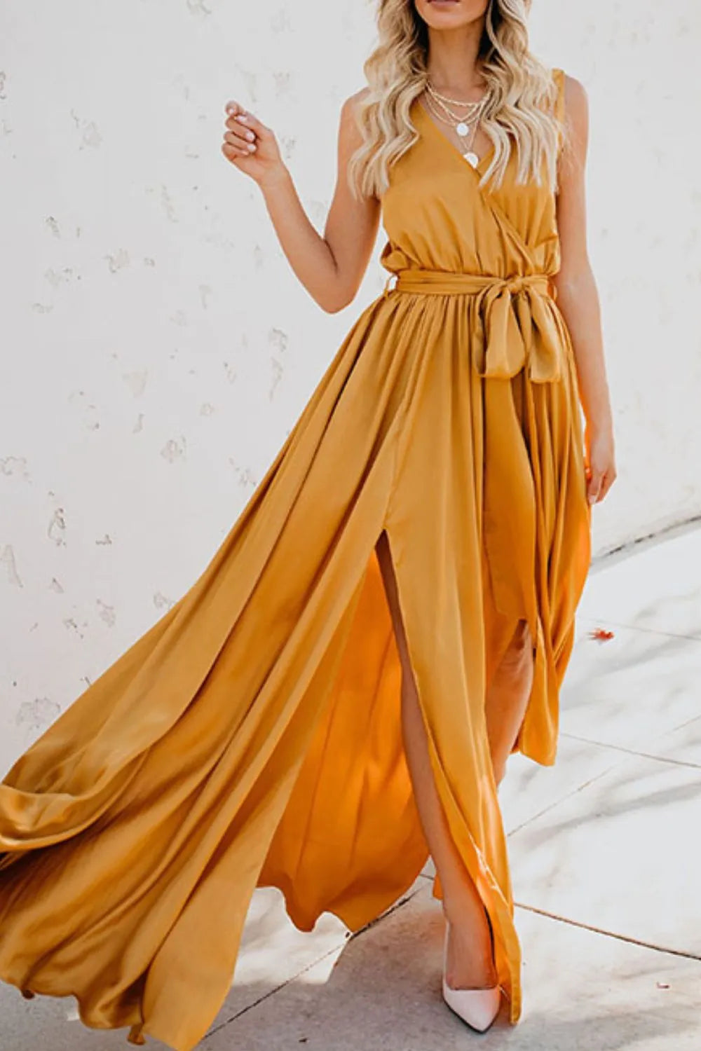 Gilded Hour Surplice Tie Waist Maxi Dress | 3 colors | Poundton-Tactilefable