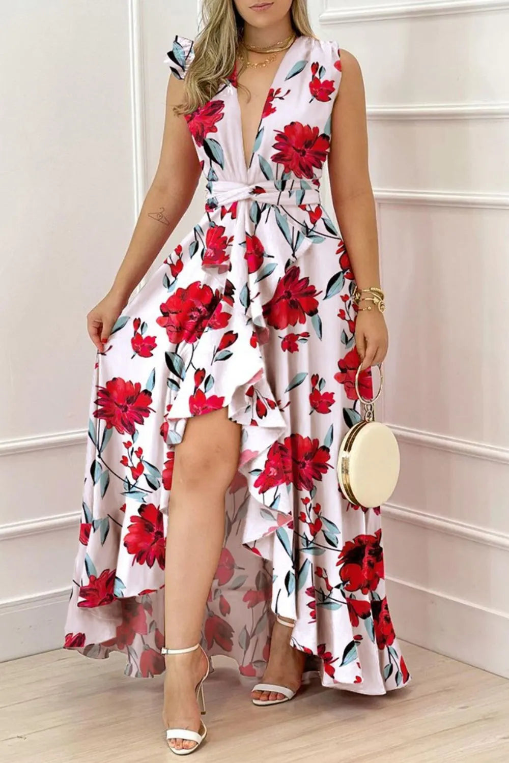 Stolen Glance Ruffled Plunge Sleeveless Maxi Dress | 2 colors | Poundton-Tactilefable