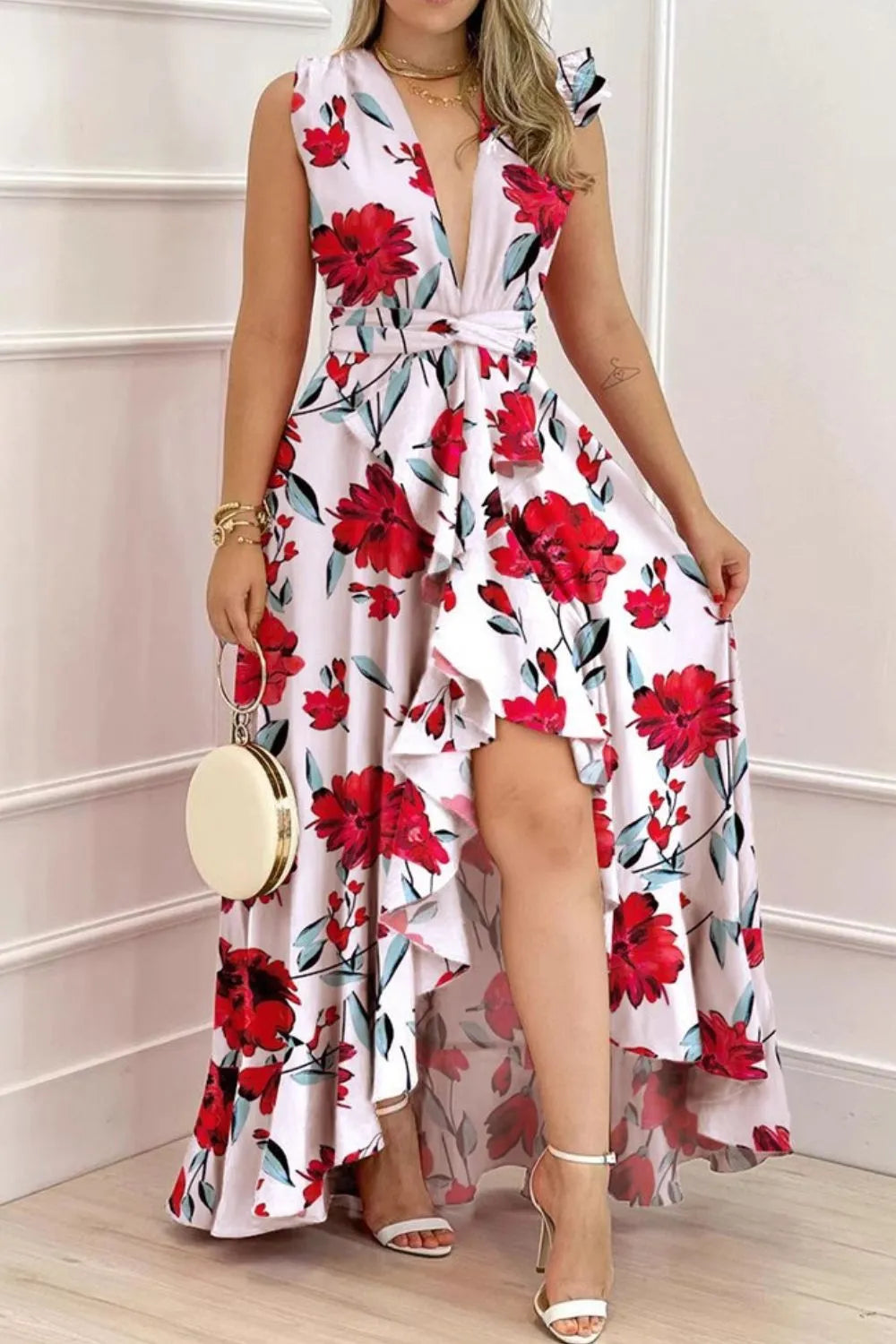 Stolen Glance Ruffled Plunge Sleeveless Maxi Dress | 2 colors | Poundton-Tactilefable