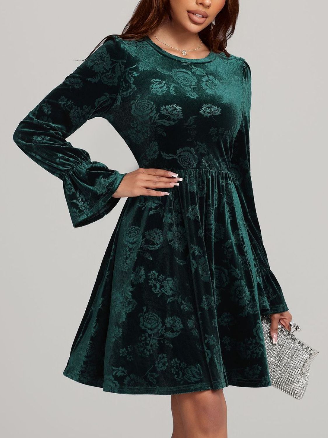 Angela Tied Flower Print Round Neck Flounce Sleeve Dress-Tactilefable