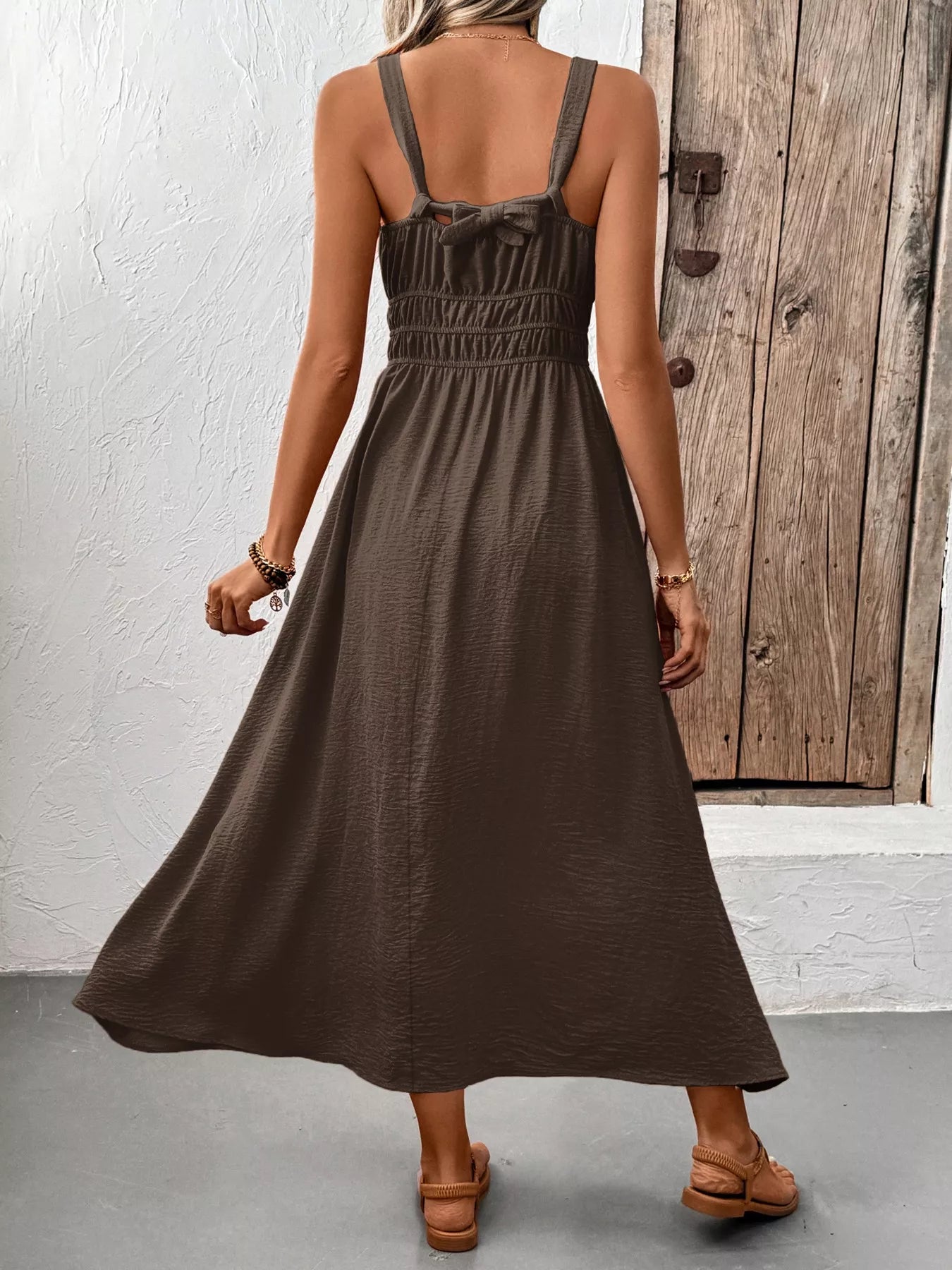 Smocked Sundress Midi | Light Blue or Coffee Brown-Tactilefable