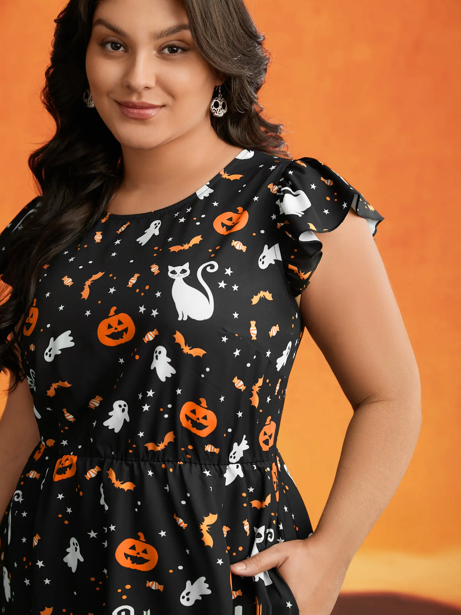Pumpkin Printed Ruffle Sleeve Midi Dress for Women Casual Halloween-Tactilefable