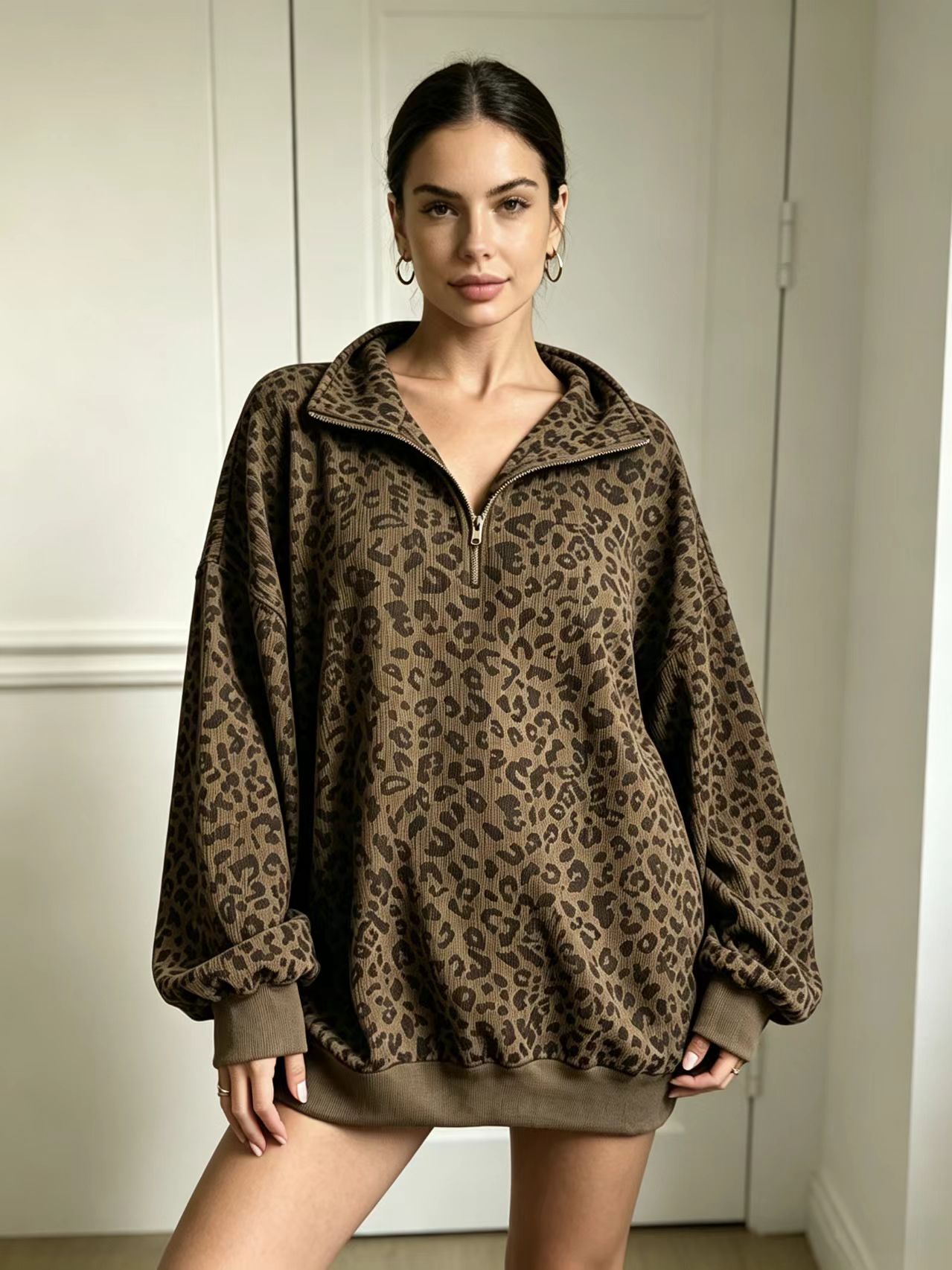 Women's Leopard Print Ribbed Half Zip Sweatshirt, Oversized Long Sleeve Polo Pullover-Tactilefable