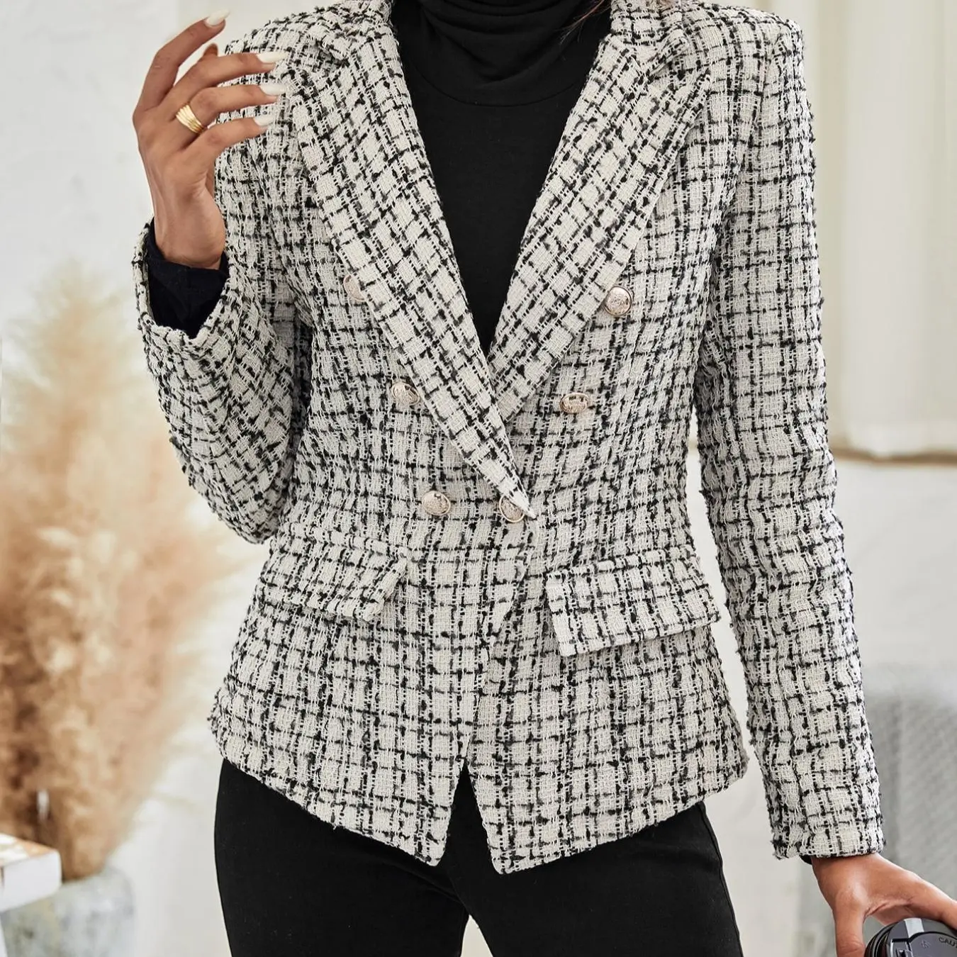 Plaid Double Button Flap Blazer for Women, Work Office, Houndstooth