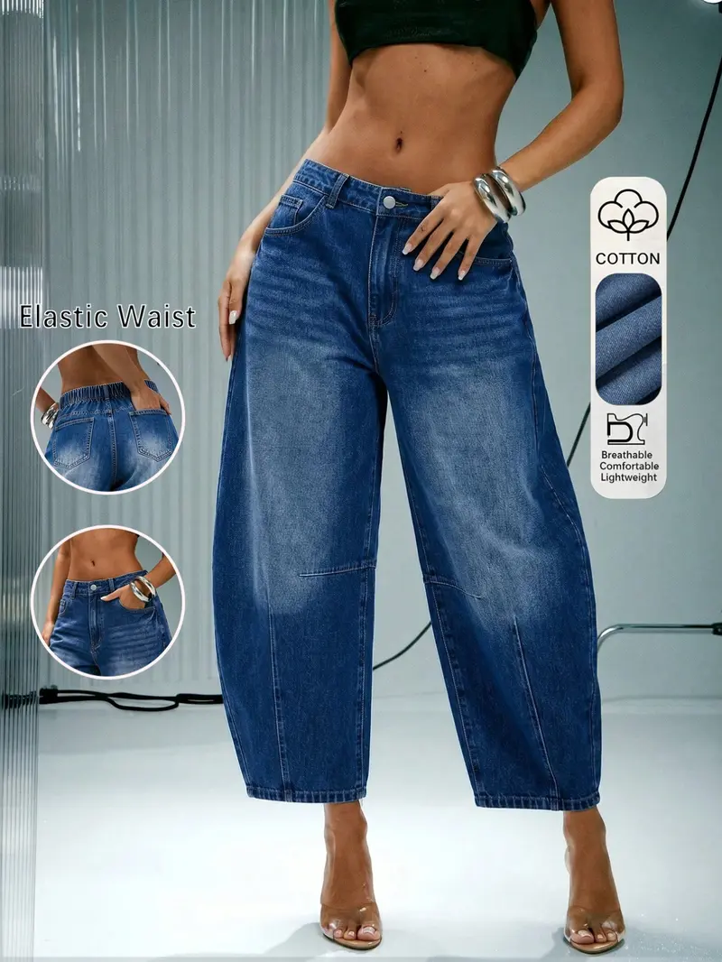 Women's Bucket Leg Washed Denim Jeans, Mid Waist Button Fly Capri Pants, Fall Fashion Loose Fit, Ankle Length with Pockets Women's Bucket Leg Washed Denim Jeans, Mid Waist Button Fly Capri Pants, Fall Fashion Loose Fit, Ankle Length with Pockets